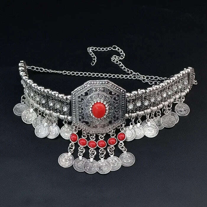 KIMLUD, Pakistan Turkish Ethnic Coin Choker Necklace Earrings for Women Vintage Gypsy Indian Afghan Dress Collar Statement Jewelry Sets, 6880re, KIMLUD APPAREL - Womens Clothes