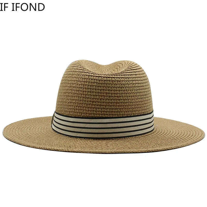 KIMLUD, Panama Summer Straw Hats for Women Men Wide Brim Breathable Sun Beach Straw Hat UV Protection Fedora Cap, KIMLUD Womens Clothes