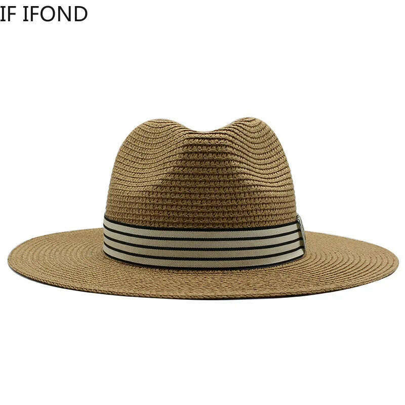 KIMLUD, Panama Summer Straw Hats for Women Men Wide Brim Breathable Sun Beach Straw Hat UV Protection Fedora Cap, KIMLUD Womens Clothes