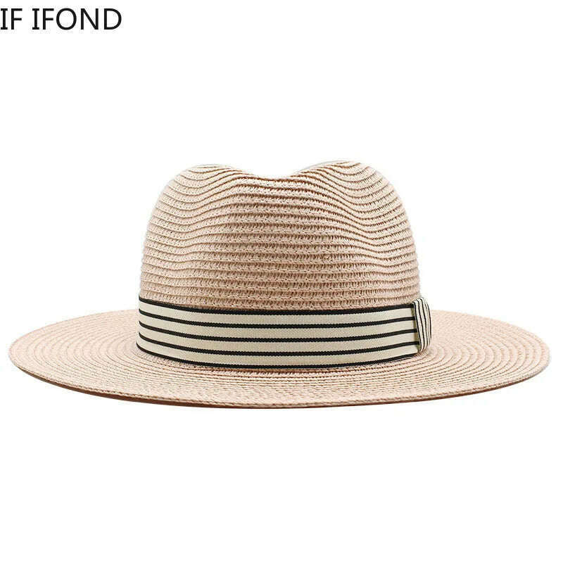 KIMLUD, Panama Summer Straw Hats for Women Men Wide Brim Breathable Sun Beach Straw Hat UV Protection Fedora Cap, KIMLUD Womens Clothes