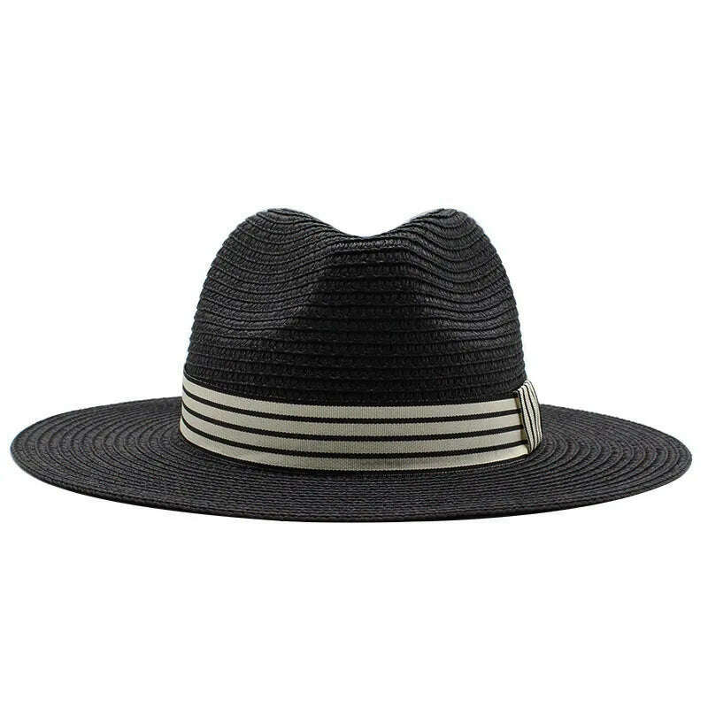 KIMLUD, Panama Summer Straw Hats for Women Men Wide Brim Breathable Sun Beach Straw Hat UV Protection Fedora Cap, Black / 56-58cm, KIMLUD APPAREL - Womens Clothes