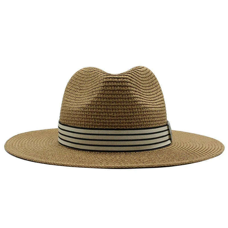 KIMLUD, Panama Summer Straw Hats for Women Men Wide Brim Breathable Sun Beach Straw Hat UV Protection Fedora Cap, Khaki / 56-58cm, KIMLUD APPAREL - Womens Clothes