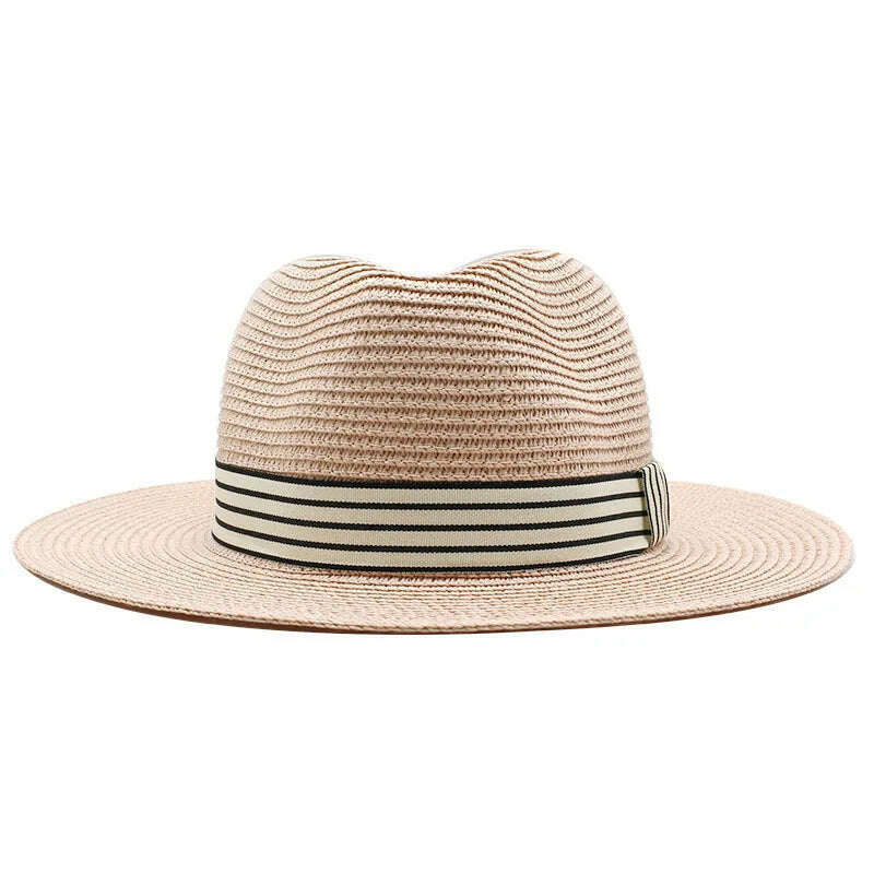 KIMLUD, Panama Summer Straw Hats for Women Men Wide Brim Breathable Sun Beach Straw Hat UV Protection Fedora Cap, Pink / 56-58cm, KIMLUD APPAREL - Womens Clothes