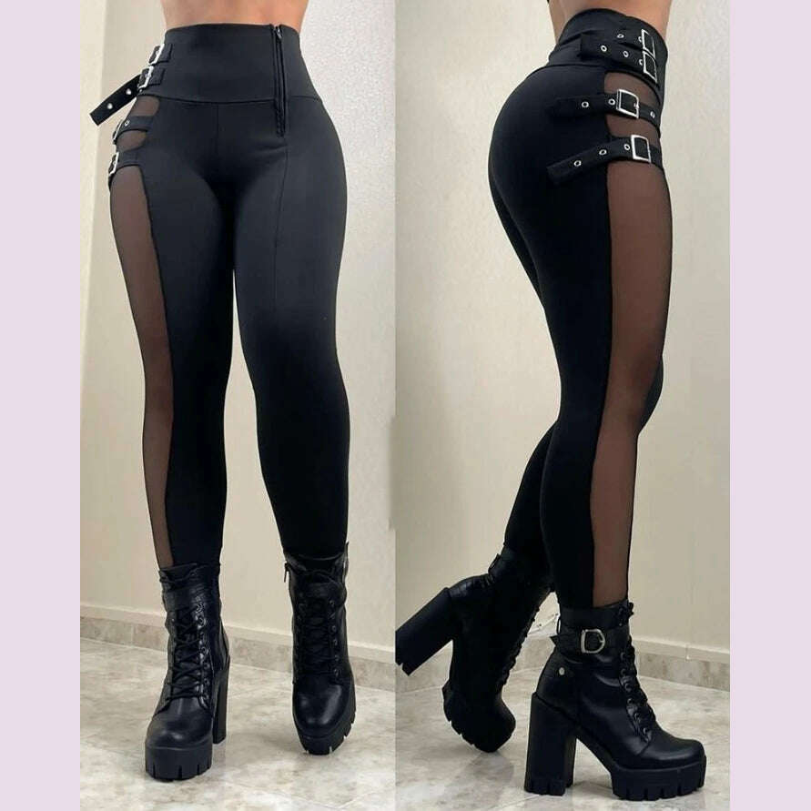 KIMLUD, pant women fashion 2022 new Mesh Patch Buckled High Waist casual Pants sexy Skinny Daily women's bottom new fashion, A / S / CN, KIMLUD APPAREL - Womens Clothes