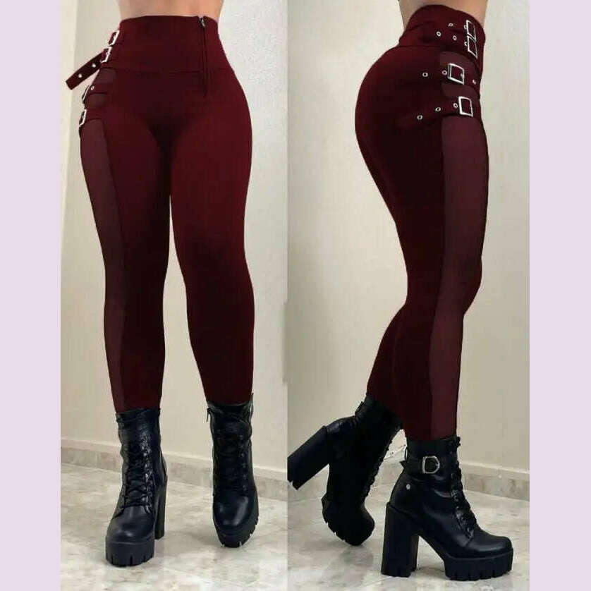 pant women fashion 2022 new Mesh Patch Buckled High Waist casual Pants sexy Skinny Daily women's bottom new fashion - KIMLUD