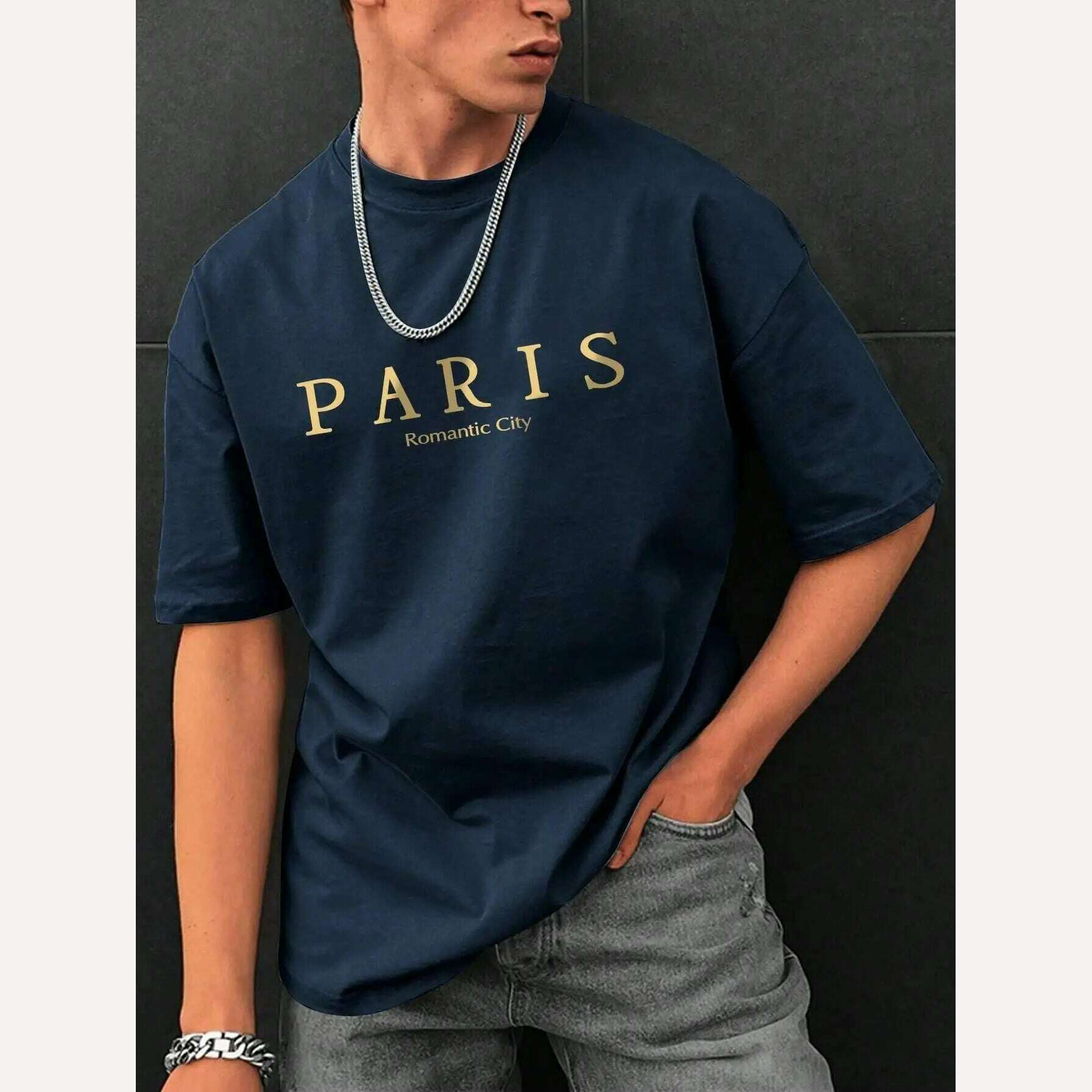 KIMLUD, Paris Romantic City Letter Graphic Print Tees Men T-Shirt Summer Loose Clothing Loose Cotton Oversize Tshirt Street Soft Tops, Dark Blue / XXL, KIMLUD APPAREL - Womens Clothes