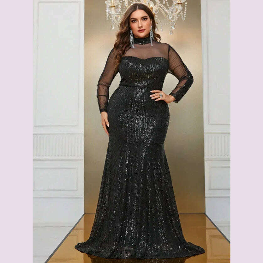 KIMLUD, Party Dresses Plus Size Women Sequins Lace Splicing Black Elegant Evening Dresses Long Sleeve Large Fashion Lady Banquet Dress, KIMLUD Womens Clothes