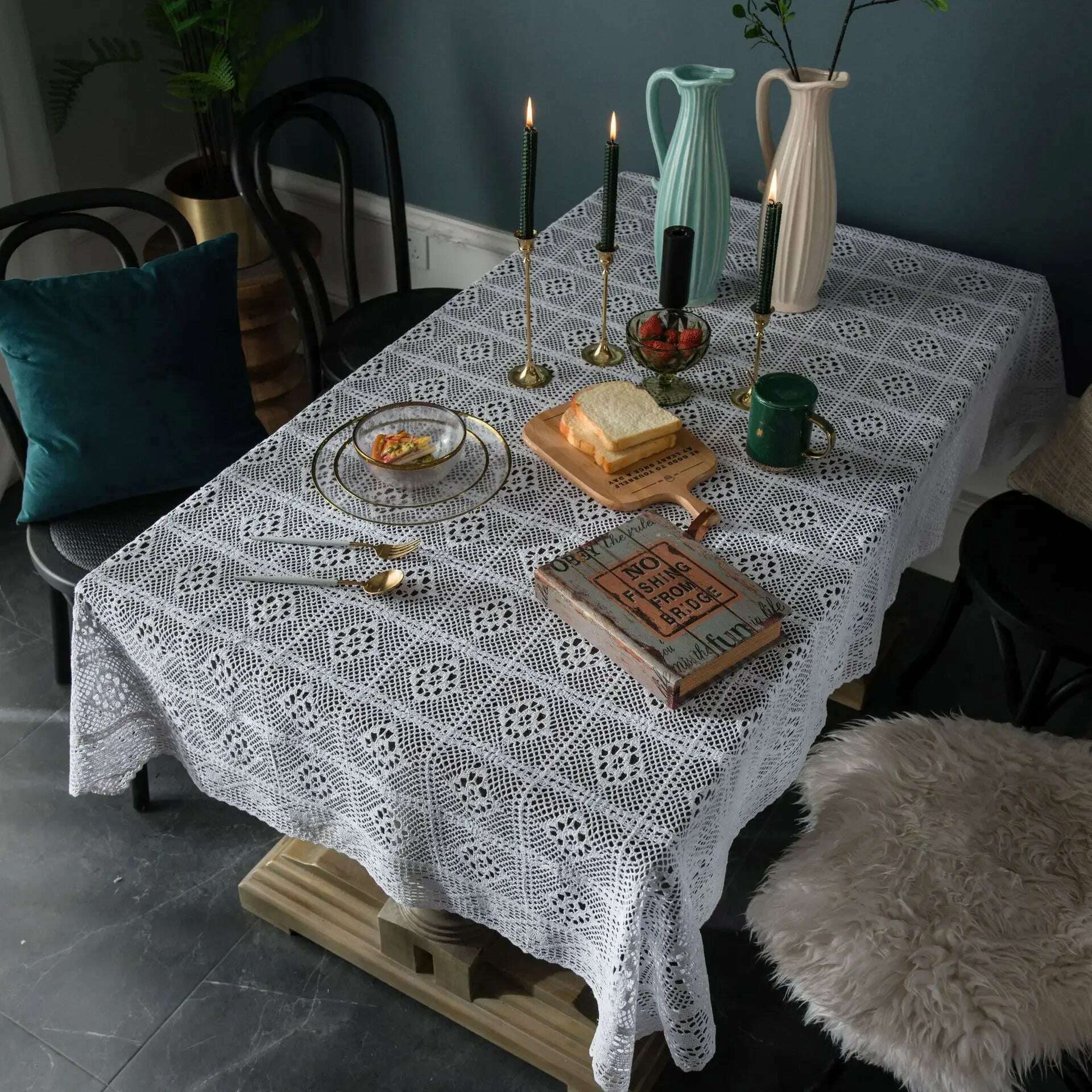 KIMLUD, Pastora Cotton Crochet Tablecloth Rectangle Black Hollow Handmade Vintage Lace Table Cloth Cover Towel For Home Kitchen Decor, White / 140x200cm, KIMLUD APPAREL - Womens Clothes