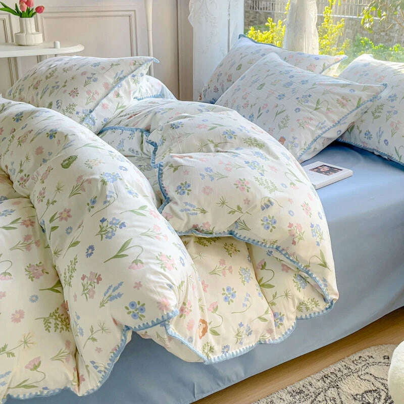 Pastoral Girls Flower Bedding Sets, Washed Cotton Bed Linens, Soft Quilt Cover Sheet Set, Simple Bedspread, Home Textiles - KIMLUD