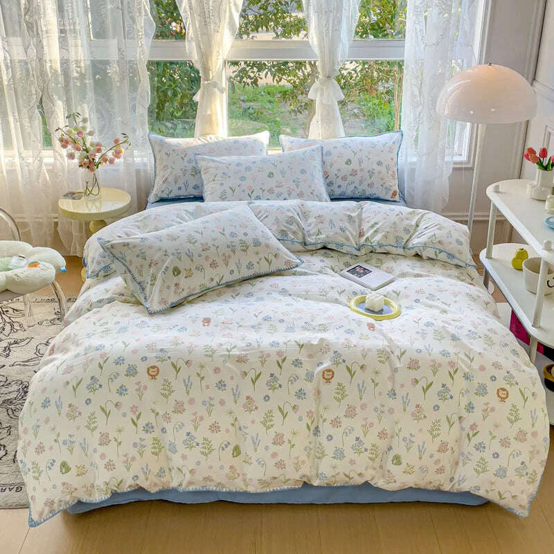 KIMLUD, Pastoral Girls Flower Bedding Sets, Washed Cotton Bed Linens, Soft Quilt Cover Sheet Set, Simple Bedspread, Home Textiles, KIMLUD Womens Clothes