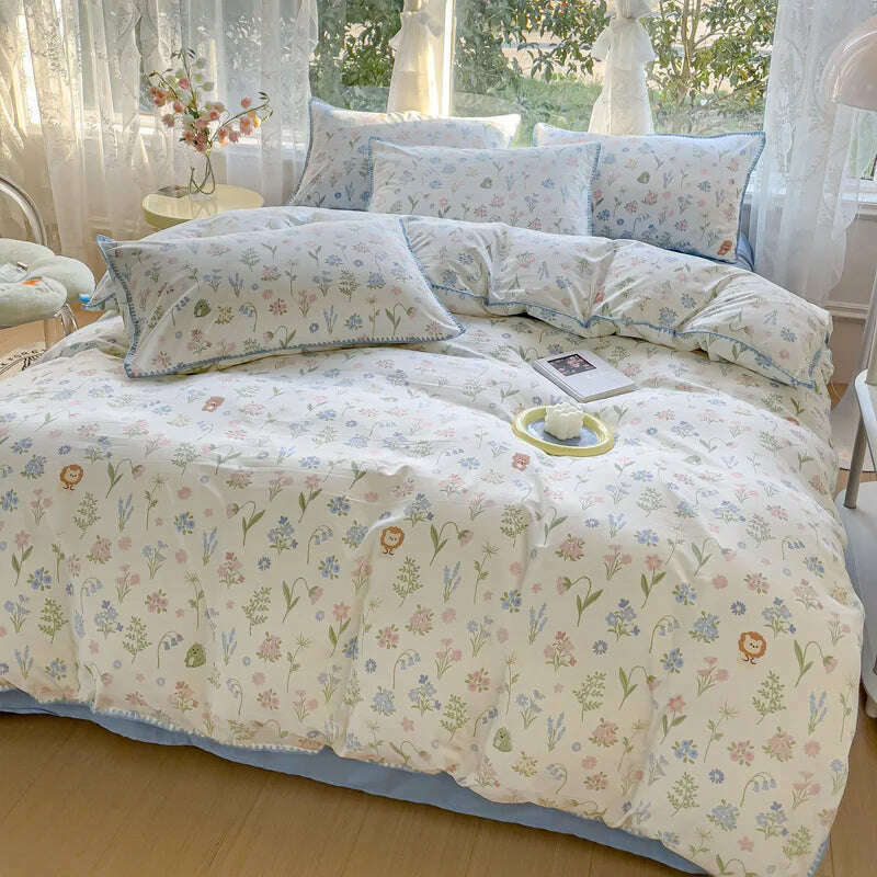 KIMLUD, Pastoral Girls Flower Bedding Sets, Washed Cotton Bed Linens, Soft Quilt Cover Sheet Set, Simple Bedspread, Home Textiles, KIMLUD Womens Clothes