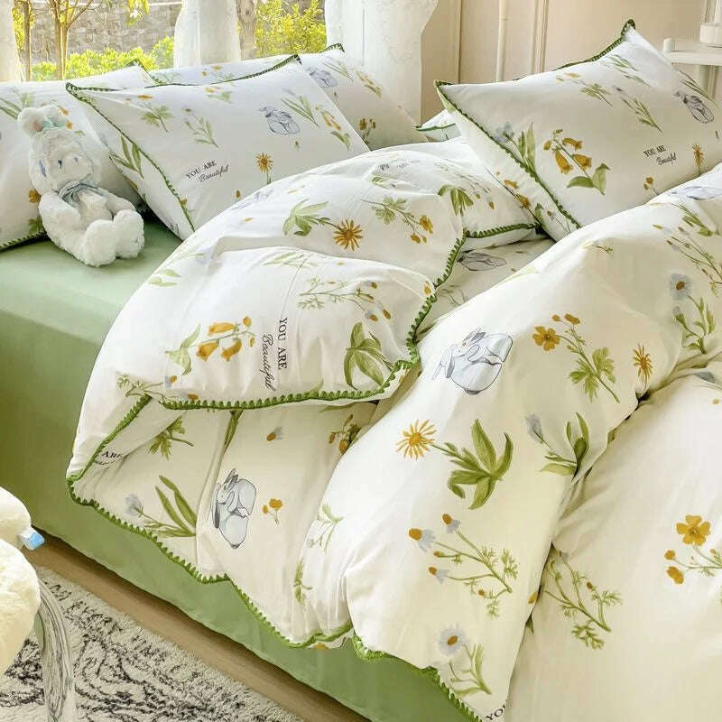 KIMLUD, Pastoral Girls Flower Bedding Sets, Washed Cotton Bed Linens, Soft Quilt Cover Sheet Set, Simple Bedspread, Home Textiles, 1 / Single 3pcs 150x200, KIMLUD APPAREL - Womens Clothes