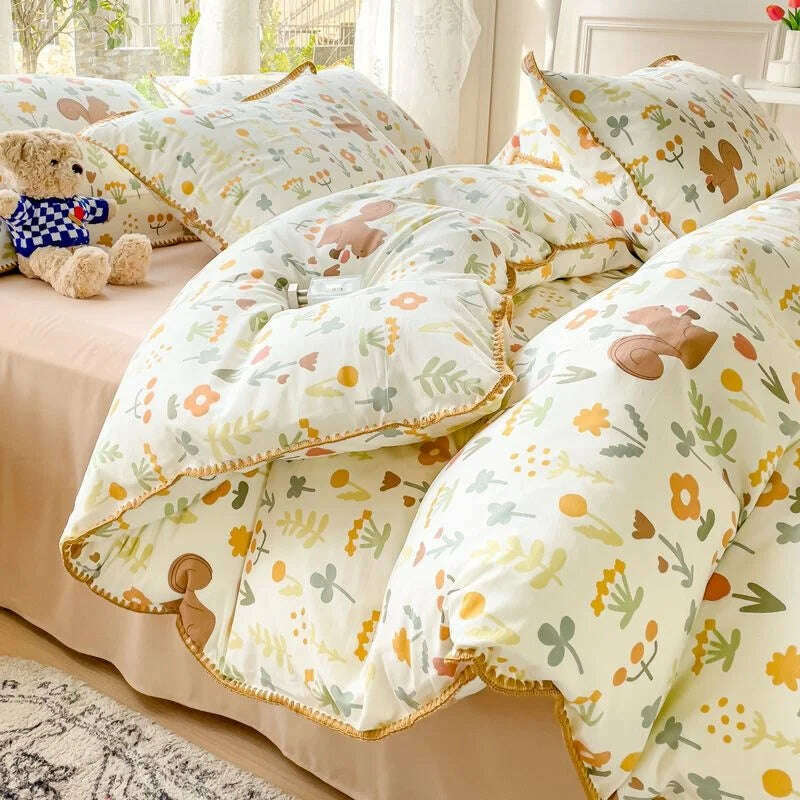 KIMLUD, Pastoral Girls Flower Bedding Sets, Washed Cotton Bed Linens, Soft Quilt Cover Sheet Set, Simple Bedspread, Home Textiles, 2 / Single 3pcs 150x200, KIMLUD APPAREL - Womens Clothes