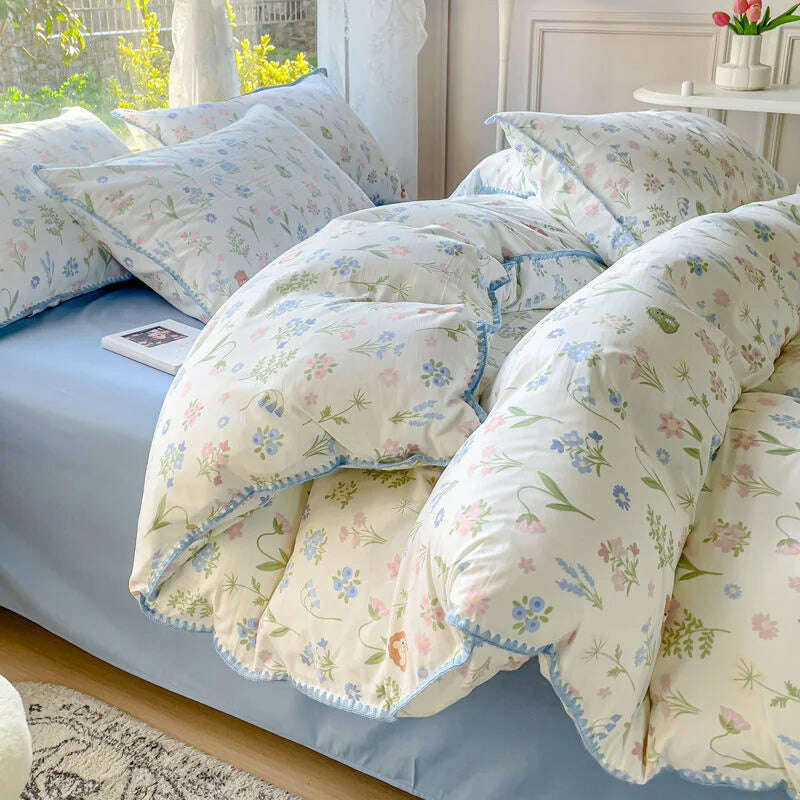 KIMLUD, Pastoral Girls Flower Bedding Sets, Washed Cotton Bed Linens, Soft Quilt Cover Sheet Set, Simple Bedspread, Home Textiles, 3 / Single 3pcs 150x200, KIMLUD APPAREL - Womens Clothes