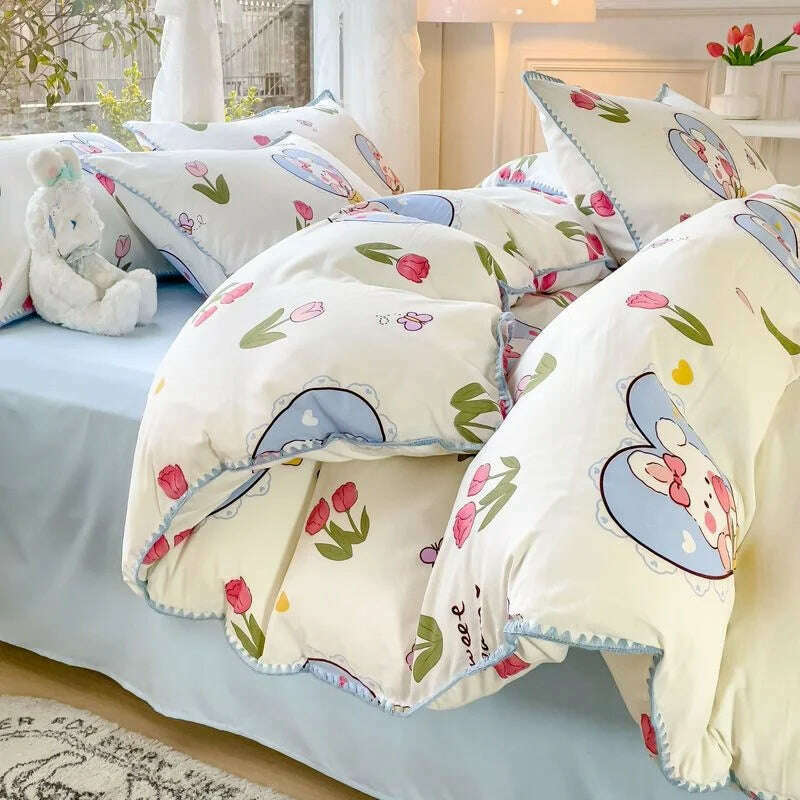 KIMLUD, Pastoral Girls Flower Bedding Sets, Washed Cotton Bed Linens, Soft Quilt Cover Sheet Set, Simple Bedspread, Home Textiles, White Rabbit / Full 4pcs 180x220, KIMLUD APPAREL - Womens Clothes