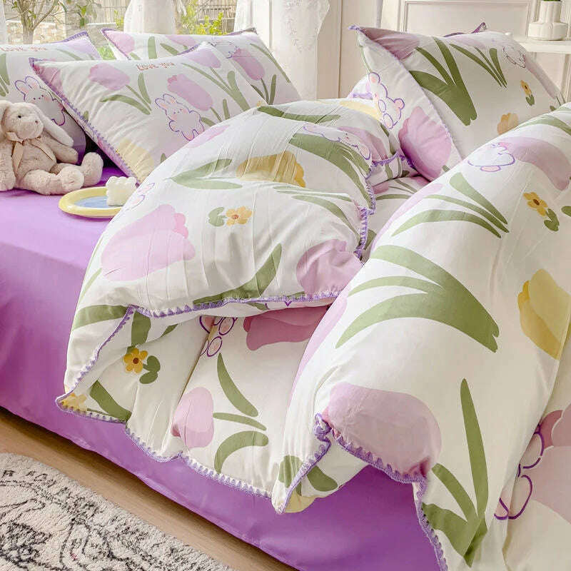 KIMLUD, Pastoral Girls Flower Bedding Sets, Washed Cotton Bed Linens, Soft Quilt Cover Sheet Set, Simple Bedspread, Home Textiles, Tulip Purple / Single 3pcs 150x200, KIMLUD APPAREL - Womens Clothes