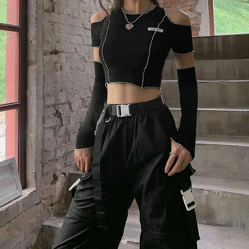 KIMLUD, Patchwork Black T-shirts Gothic One Shoulder Sleeve Y2k Crop Tops Ruffles Hem Hip Hop Techwear Women Tees, KIMLUD Womens Clothes