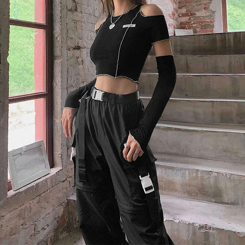 KIMLUD, Patchwork Black T-shirts Gothic One Shoulder Sleeve Y2k Crop Tops Ruffles Hem Hip Hop Techwear Women Tees, KIMLUD Womens Clothes