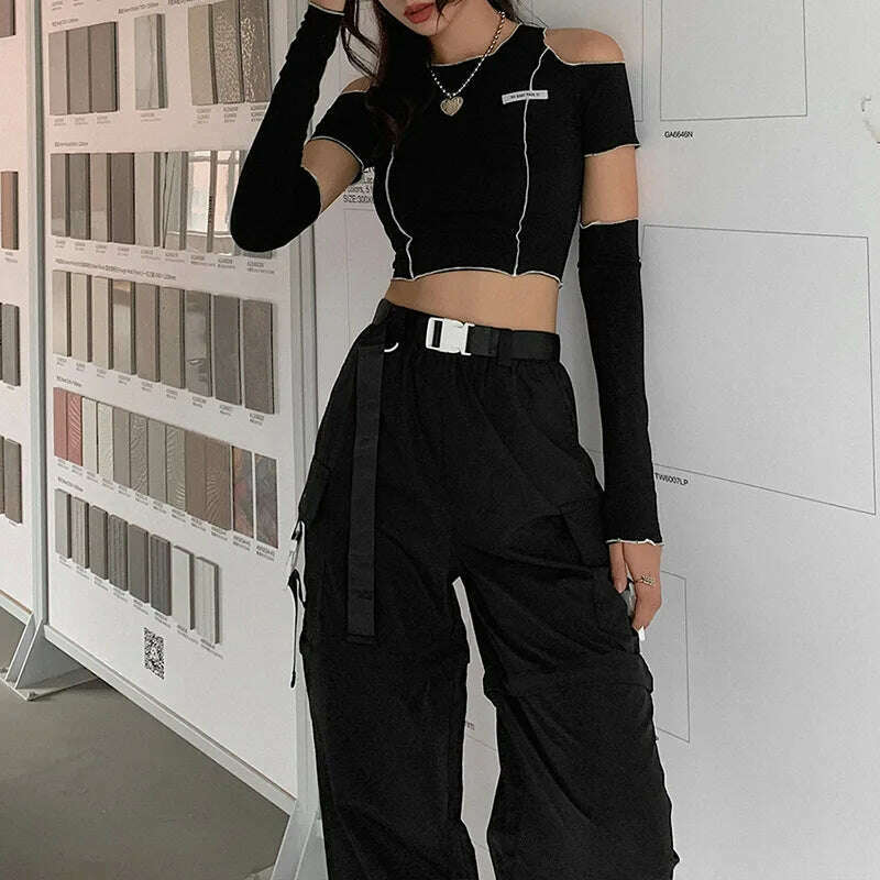 KIMLUD, Patchwork Black T-shirts Gothic One Shoulder Sleeve Y2k Crop Tops Ruffles Hem Hip Hop Techwear Women Tees, KIMLUD Womens Clothes