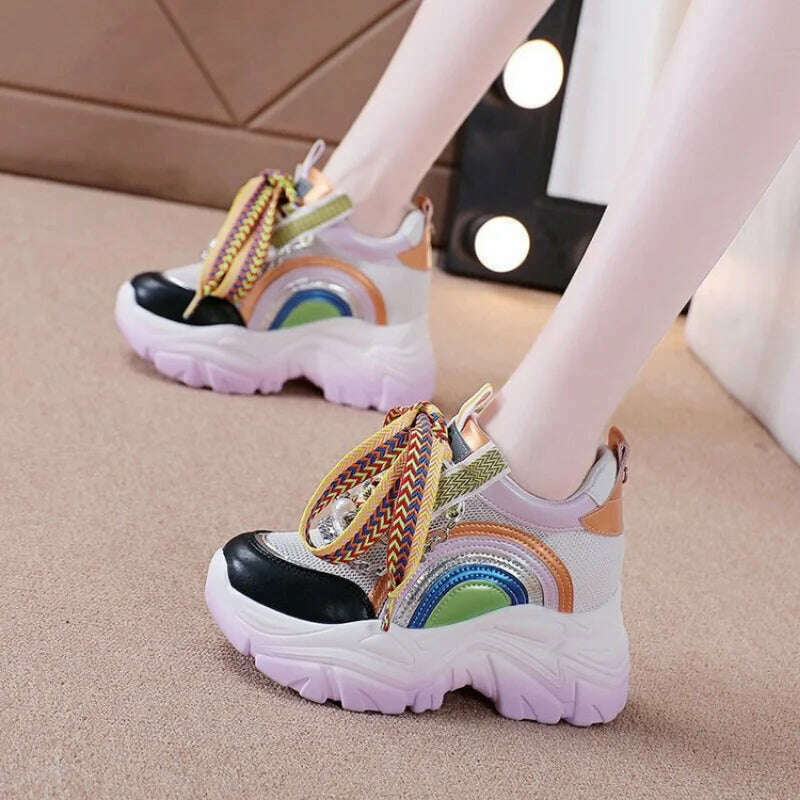 KIMLUD, Patent Leather Ladies Casual Shoes Fashion String Bead Chain Girls Chunky Sneakers 8.5cm Heel Thick Sole Women&#39;s Platform Shoes, KIMLUD Womens Clothes