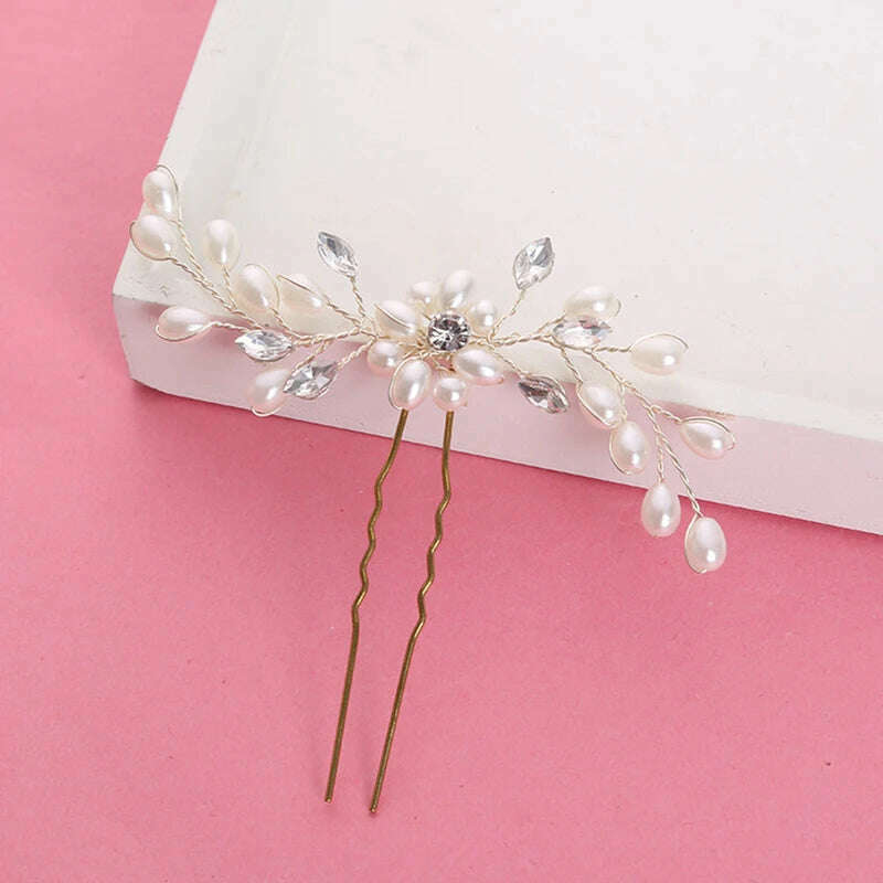 KIMLUD, Pearl Crystal Wedding Hair Combs Tiara For Bride Rhinestone Flower Hairpins Bridal Headpiece Jewelry Hair Ornaments Accessories, KIMLUD Womens Clothes