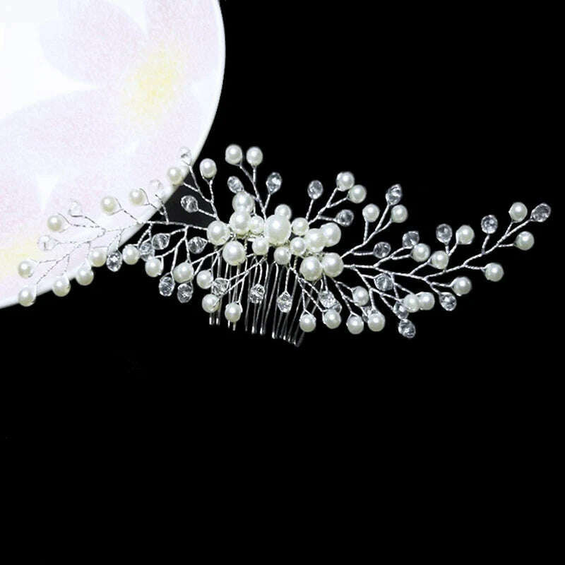 KIMLUD, Pearl Crystal Wedding Hair Combs Tiara For Bride Rhinestone Flower Hairpins Bridal Headpiece Jewelry Hair Ornaments Accessories, KIMLUD Womens Clothes