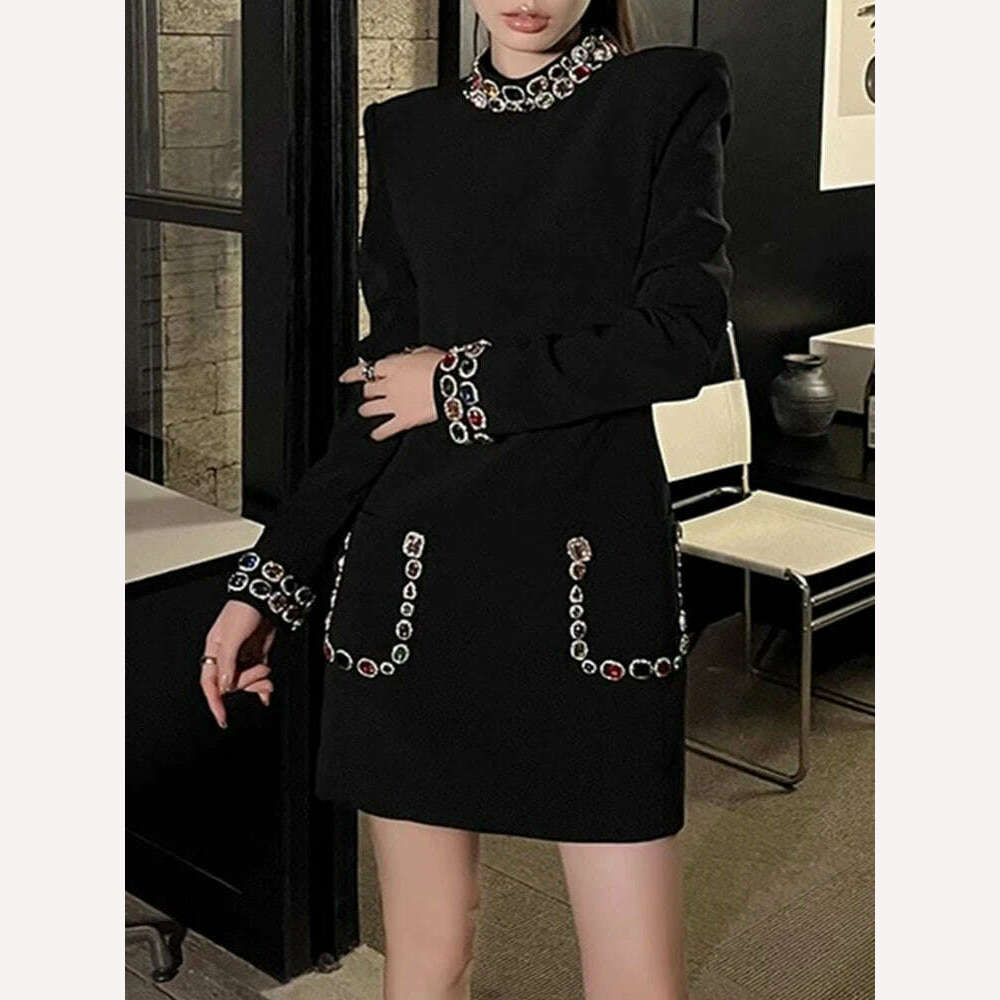 PEIRESA Black Rhinestone Stand Collar Party Dresses For Women 2023 Autumn New Long Sleeve Celebrity Vintage Evening Short Dress - KIMLUD