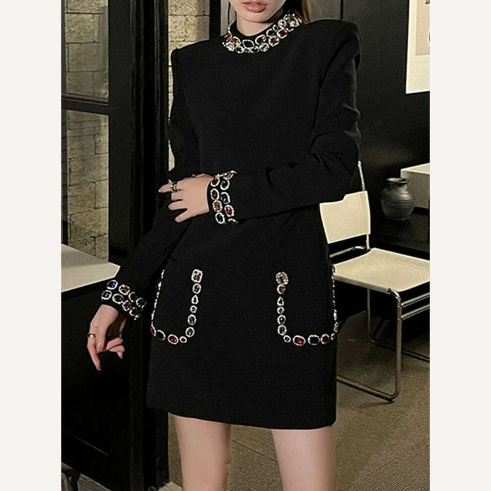 PEIRESA Black Rhinestone Stand Collar Party Dresses For Women 2023 Autumn New Long Sleeve Celebrity Vintage Evening Short Dress - KIMLUD