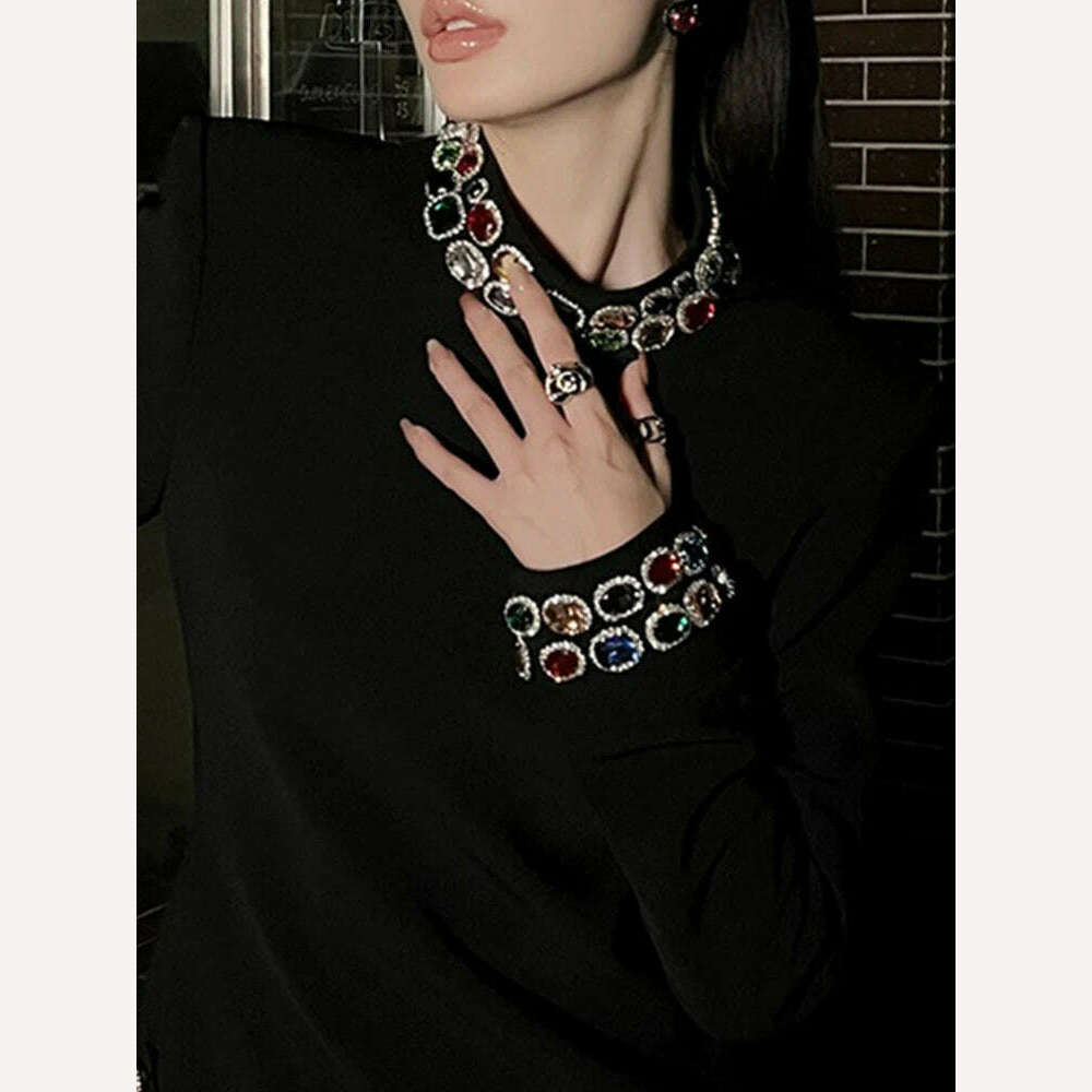 PEIRESA Black Rhinestone Stand Collar Party Dresses For Women 2023 Autumn New Long Sleeve Celebrity Vintage Evening Short Dress - KIMLUD