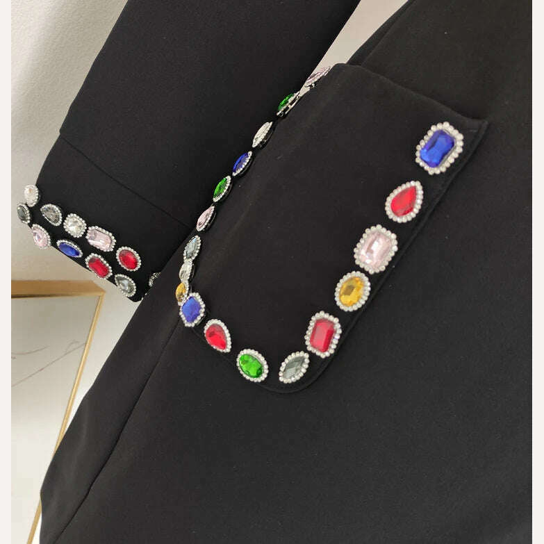 PEIRESA Black Rhinestone Stand Collar Party Dresses For Women 2023 Autumn New Long Sleeve Celebrity Vintage Evening Short Dress - KIMLUD