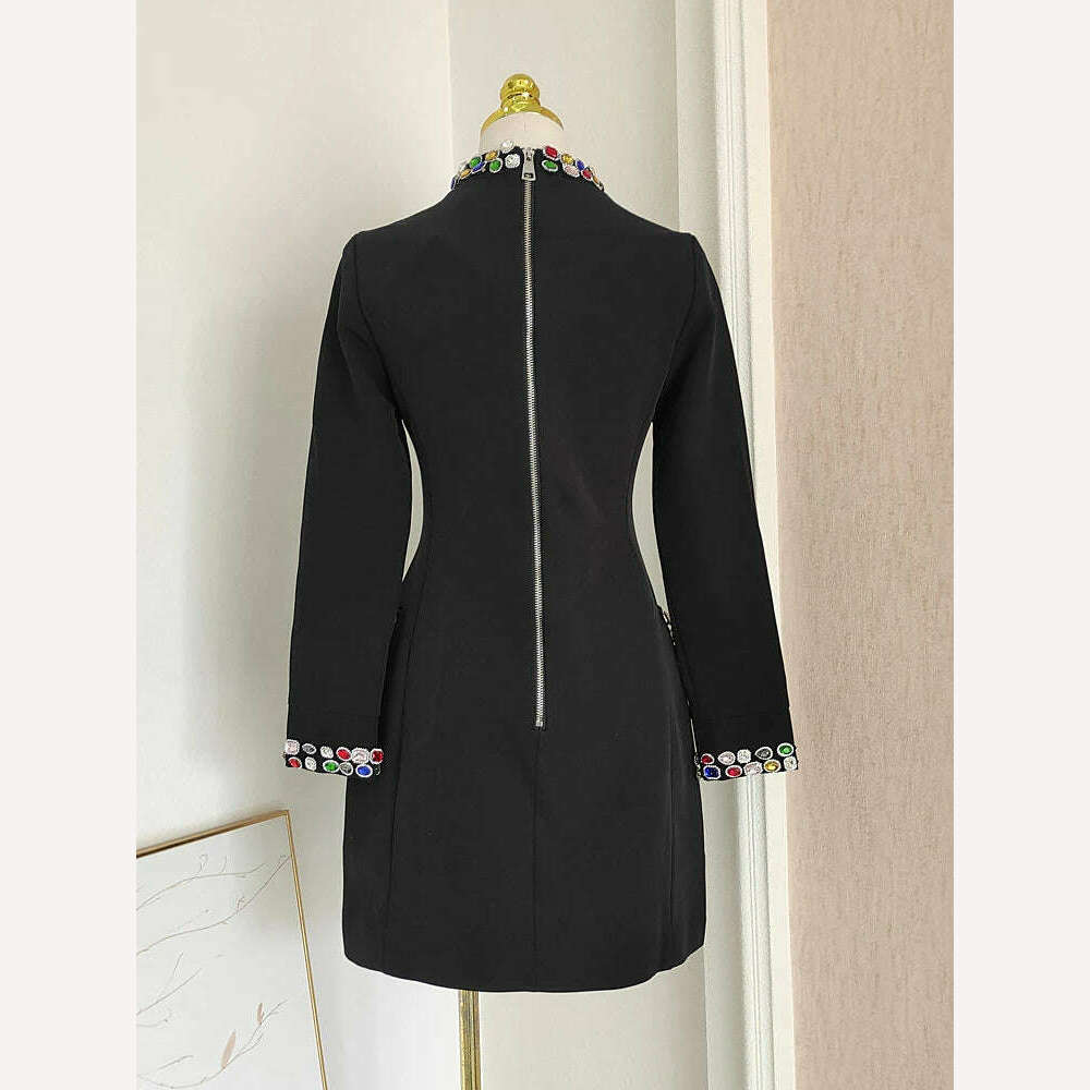 PEIRESA Black Rhinestone Stand Collar Party Dresses For Women 2023 Autumn New Long Sleeve Celebrity Vintage Evening Short Dress - KIMLUD
