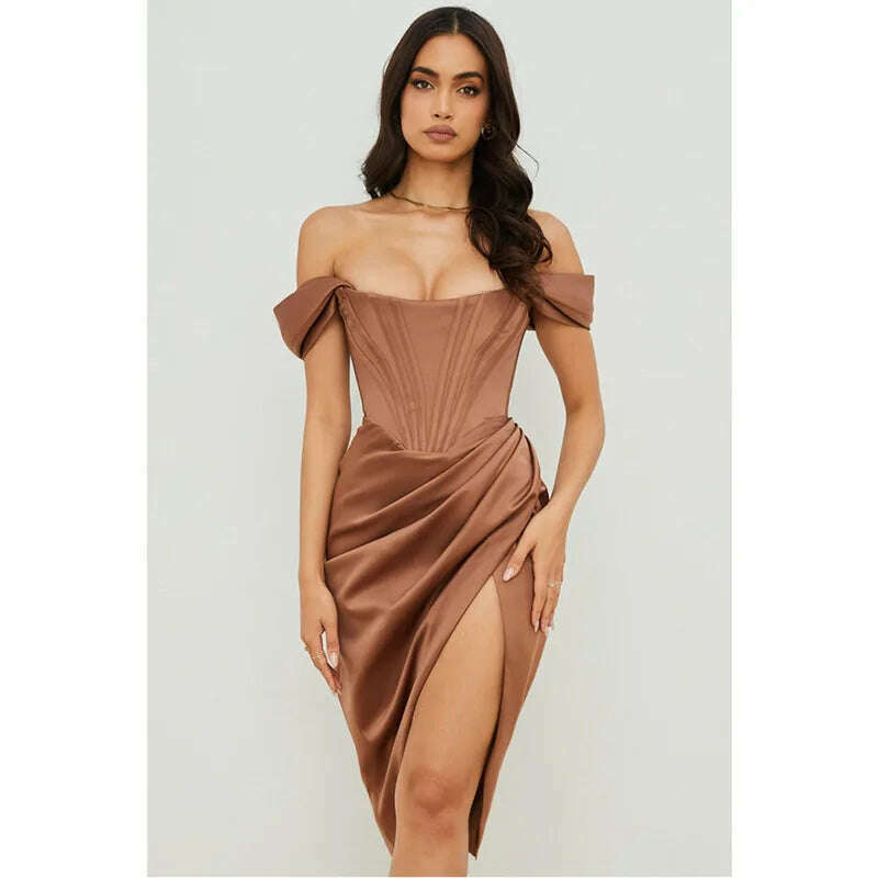 KIMLUD, Peling Fashion Evening Dress for Women Off Shoulder Sexy Party Club Dress Split Ruched Bodycon Autumn Robe Wedding Dress Vestido, Brown / S, KIMLUD APPAREL - Womens Clothes