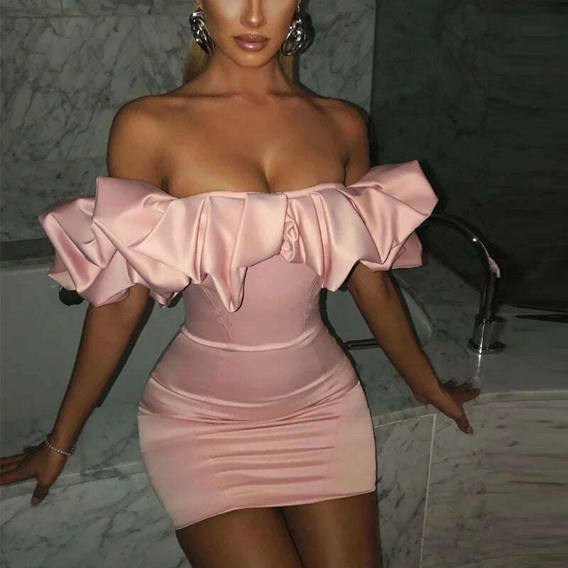 KIMLUD, Peling Satin Ruffles Sleeve 2023 Summer Dresses Backless Strapless Bodycon White Dress Short Sexy Party Dress Nightclub Vestidos, Pink / S, KIMLUD APPAREL - Womens Clothes