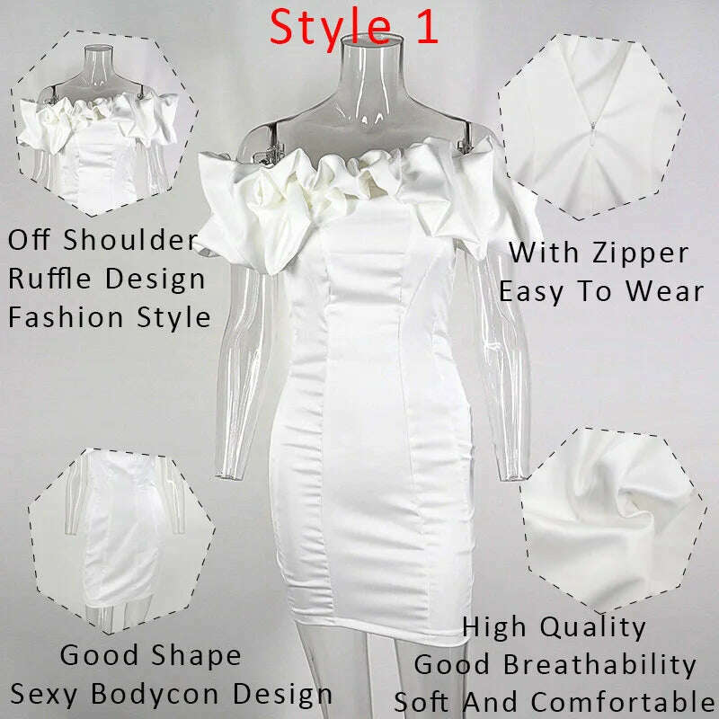 KIMLUD, Peling Satin Ruffles Sleeve 2023 Summer Dresses Backless Strapless Bodycon White Dress Short Sexy Party Dress Nightclub Vestidos, KIMLUD Womens Clothes