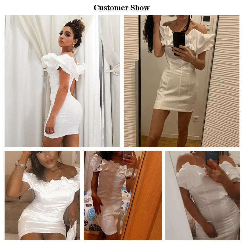 KIMLUD, Peling Satin Ruffles Sleeve 2023 Summer Dresses Backless Strapless Bodycon White Dress Short Sexy Party Dress Nightclub Vestidos, KIMLUD Womens Clothes