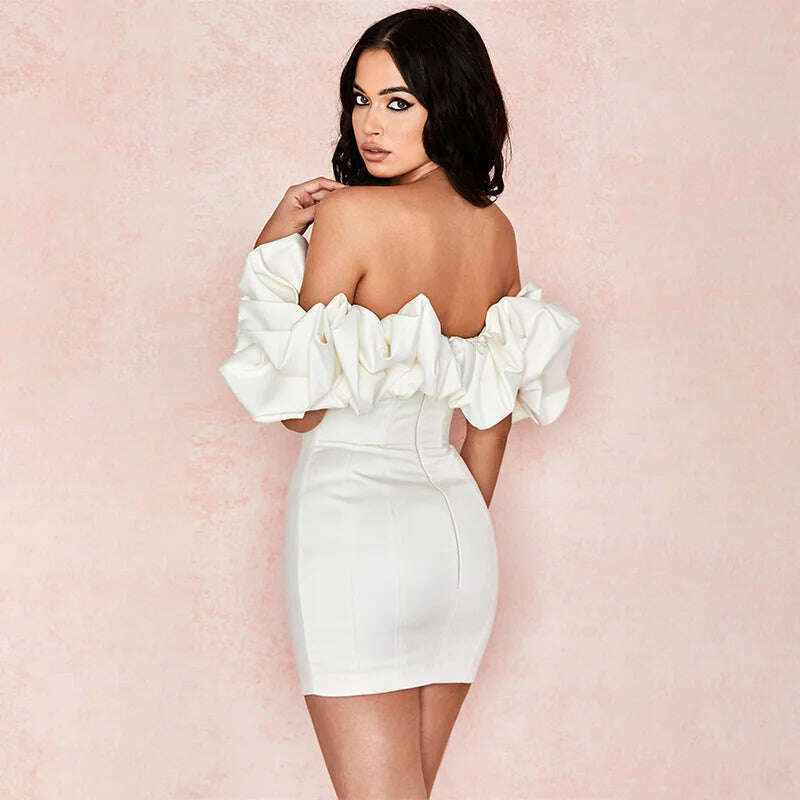 KIMLUD, Peling Satin Ruffles Sleeve 2023 Summer Dresses Backless Strapless Bodycon White Dress Short Sexy Party Dress Nightclub Vestidos, KIMLUD Womens Clothes