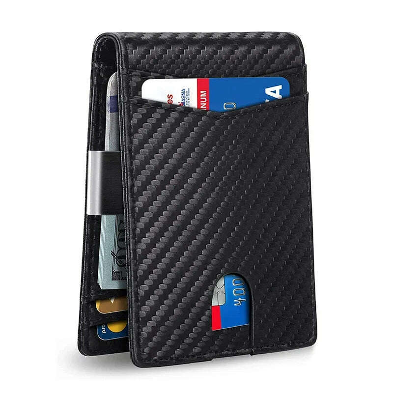 Personality Short Rfid Leather Men Wallets Carbon Fiber Slim Card Holder Wallet Black Minimalist Wallet for Men Father Day Gifts - KIMLUD