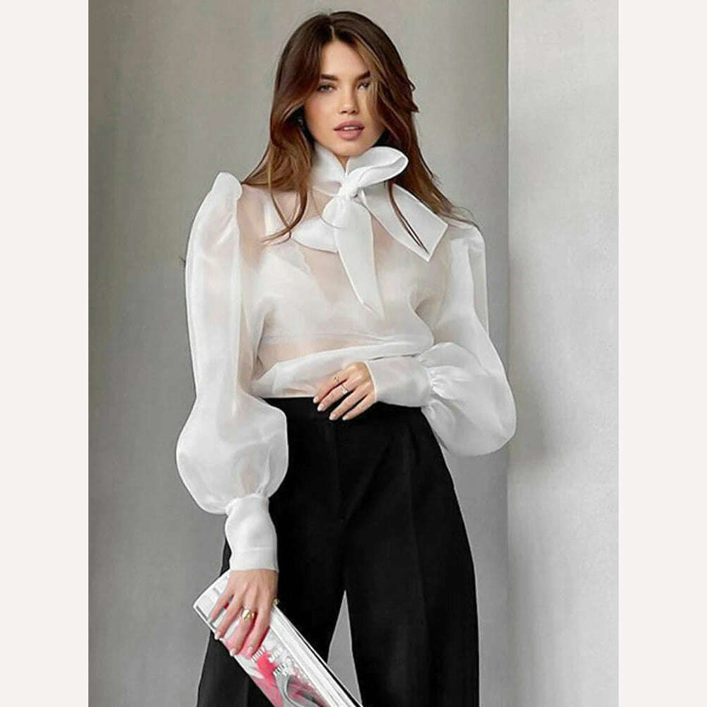 Perspective Mesh Shirts Women Elegant Puff Sleeve Bow Lace Up Blouses Office Ladies Fashion Solid Color Casual Loose Sexy Blouse - KIMLUD