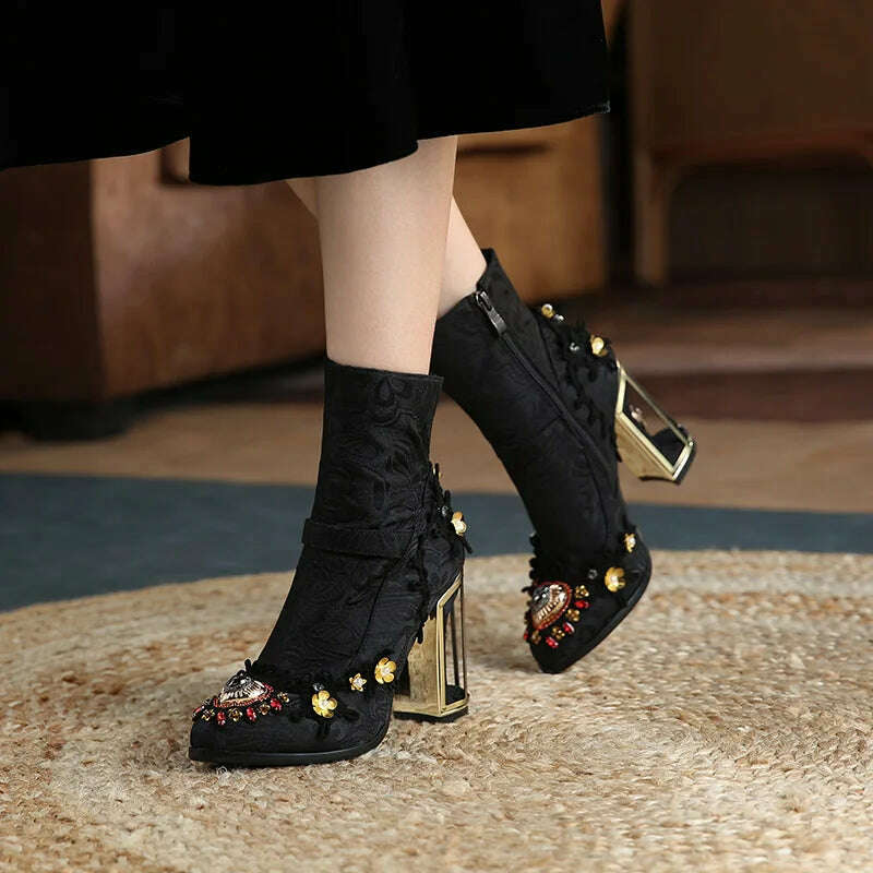 Phoentin Ethnic style embroidered short boots Women's Crystal Ankle boot Autumn winter luxury High Heels Shoes size 43 FT1671 - KIMLUD