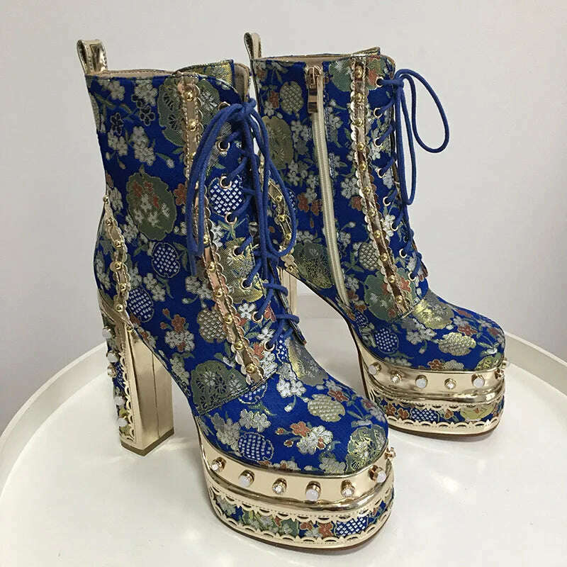 KIMLUD, Phoentin Luxury crystal super high heels wedding party shoes women&#39;s silk embroidery flower platform ethnic Ankle boots FT1736, KIMLUD Womens Clothes