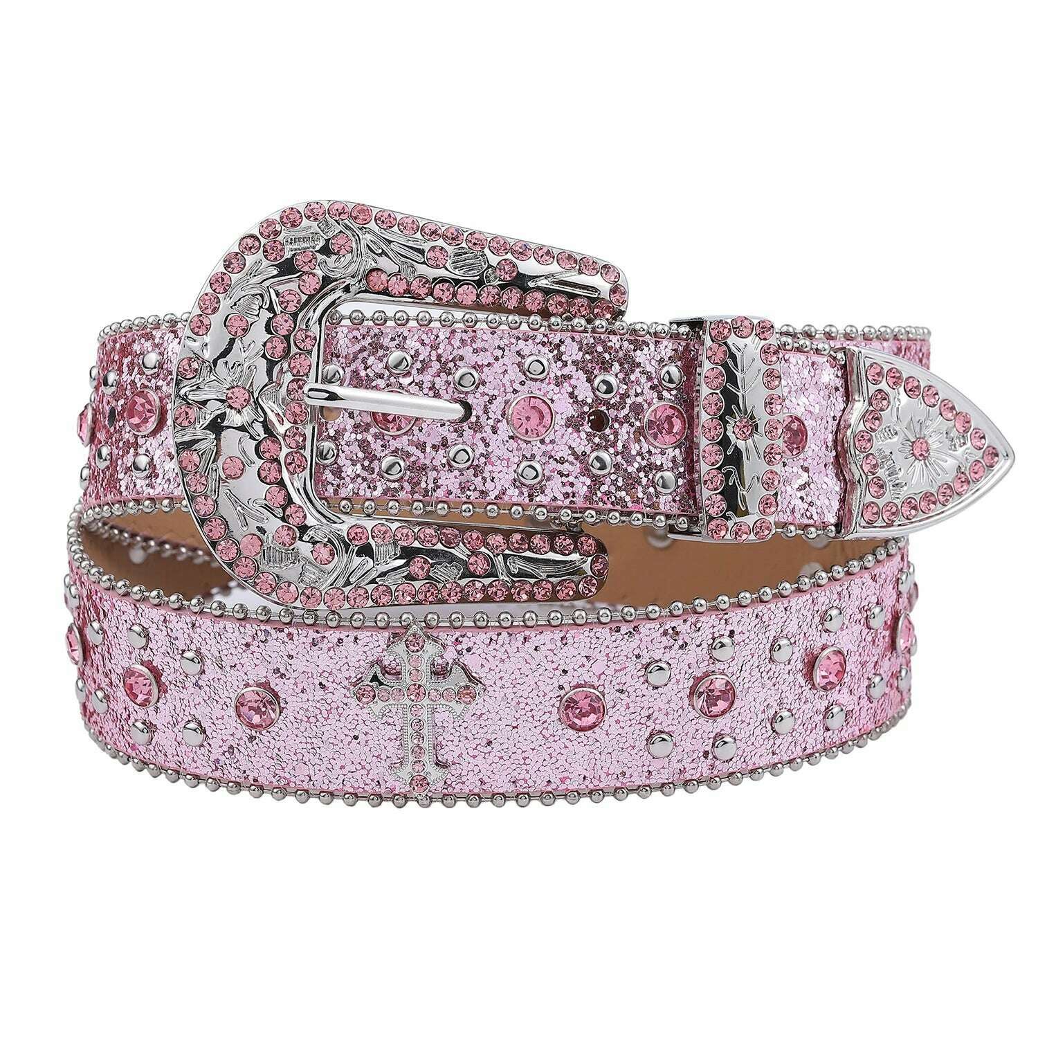 KIMLUD, Pink cross-rivet Rhinestone belt sparkles, punk rock inlaid leather belt for men's jeans, KIMLUD Womens Clothes