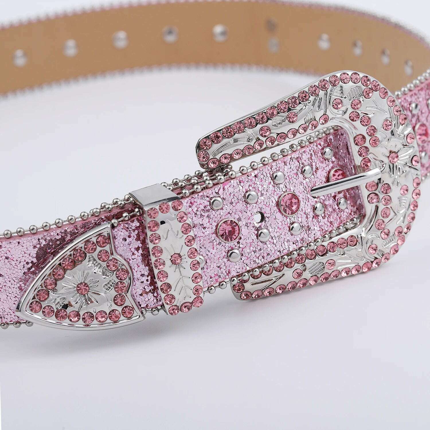 KIMLUD, Pink cross-rivet Rhinestone belt sparkles, punk rock inlaid leather belt for men's jeans, KIMLUD Womens Clothes