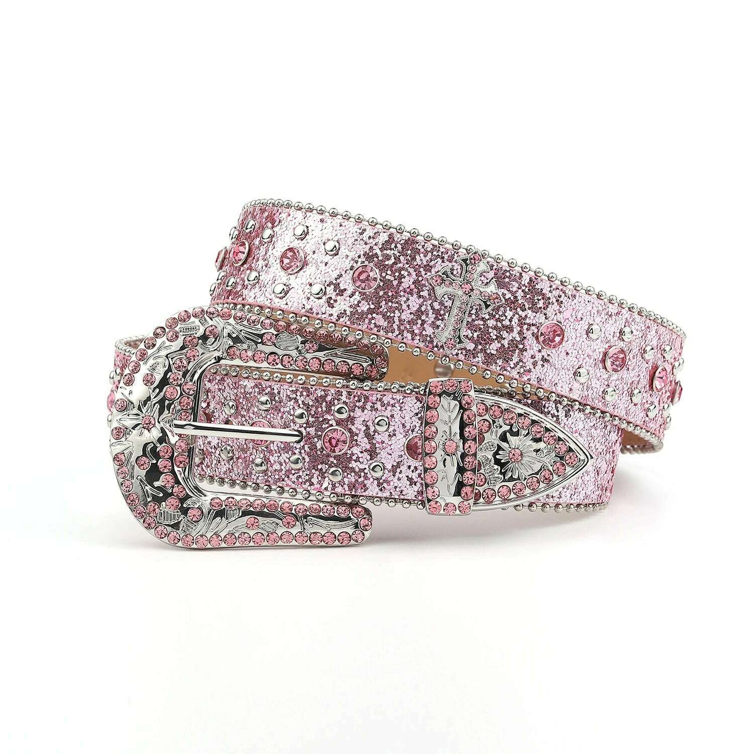 KIMLUD, Pink cross-rivet Rhinestone belt sparkles, punk rock inlaid leather belt for men's jeans, KIMLUD Womens Clothes