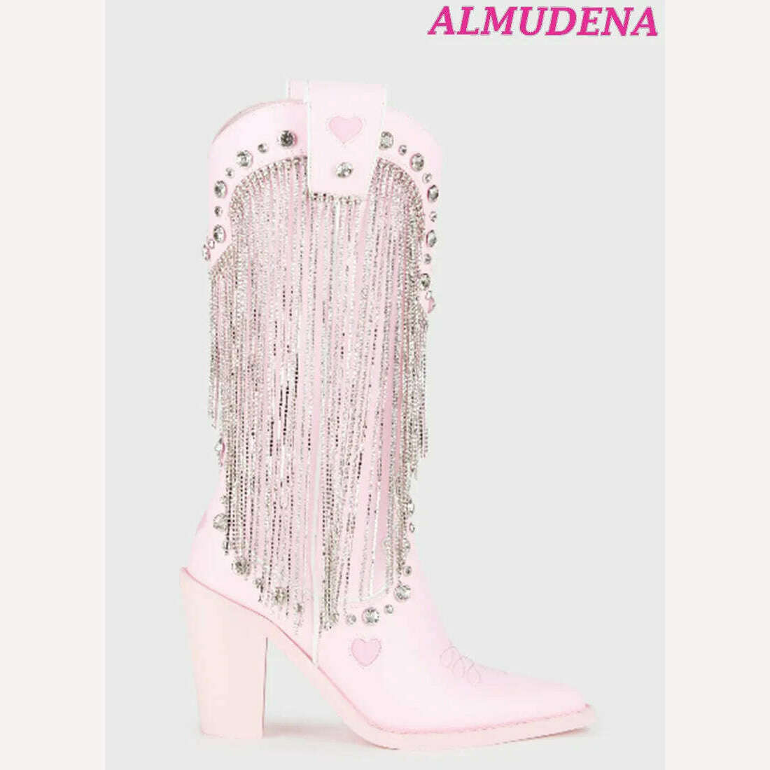 KIMLUD, Pink Crystal Tassels Cowboy Boots Women Chunky Heel Glitter Gem Pointed Toe Knee High Boots Luxury Designer 2023 New Shoes, as photo 1 / 35, KIMLUD APPAREL - Womens Clothes