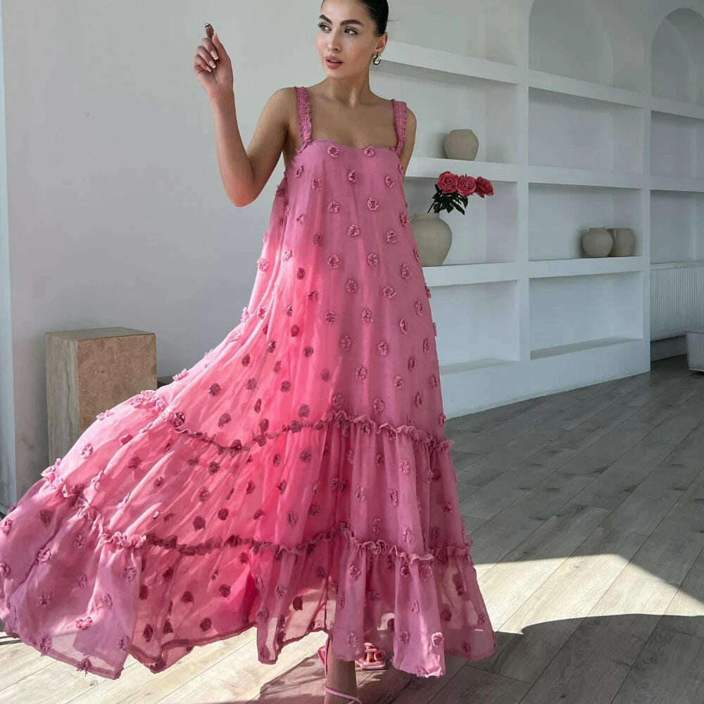 Pink Flower Maxi Dress Women Elegant Casual Loose Long Holiday Dresses Summer Solid Sleeveless Bohemia Party Dress 2024 Fashion - KIMLUD