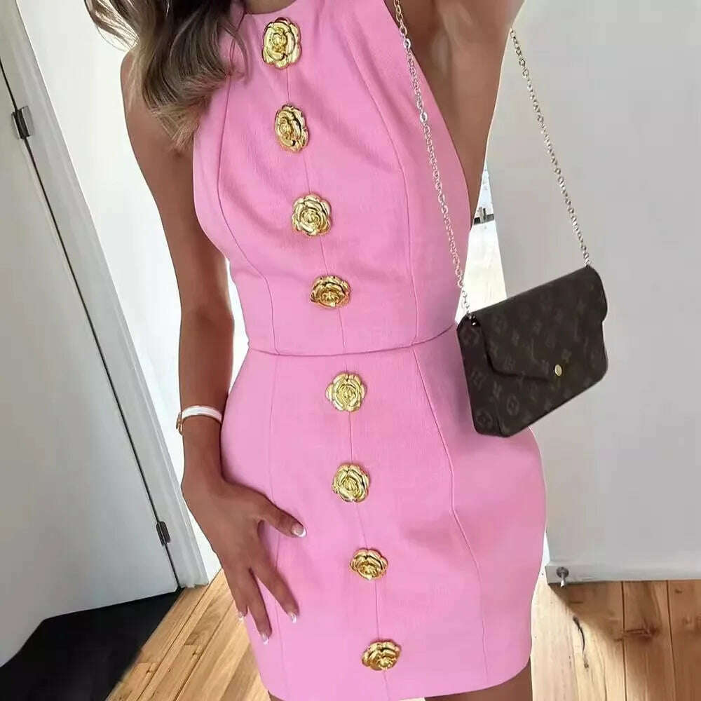 KIMLUD, Pink Halter Hallow Out Backless Mini Dress Women 2024 New Elegant Sleeveless Slim Gold Button Dresses Lady Chic Party Vestidos, KIMLUD Womens Clothes