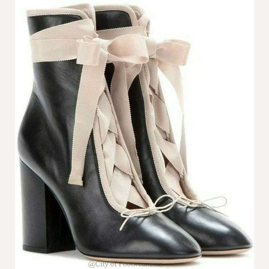 KIMLUD, Pink Lace up Block Heel Ankle Boots Women Bow Tie Round Toe Black Leather High Heels Booties Luxury Designer Big Size Shoes, as photo 1 / 36, KIMLUD APPAREL - Womens Clothes