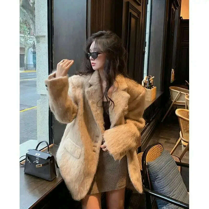 KIMLUD, Pink Lapel Woolen Plush Coats Women Elegant Long Sleeve Button Office Lady Blazer Jacket 2023 Winter Fashion Packet Loose Coat, khaki / S, KIMLUD APPAREL - Womens Clothes