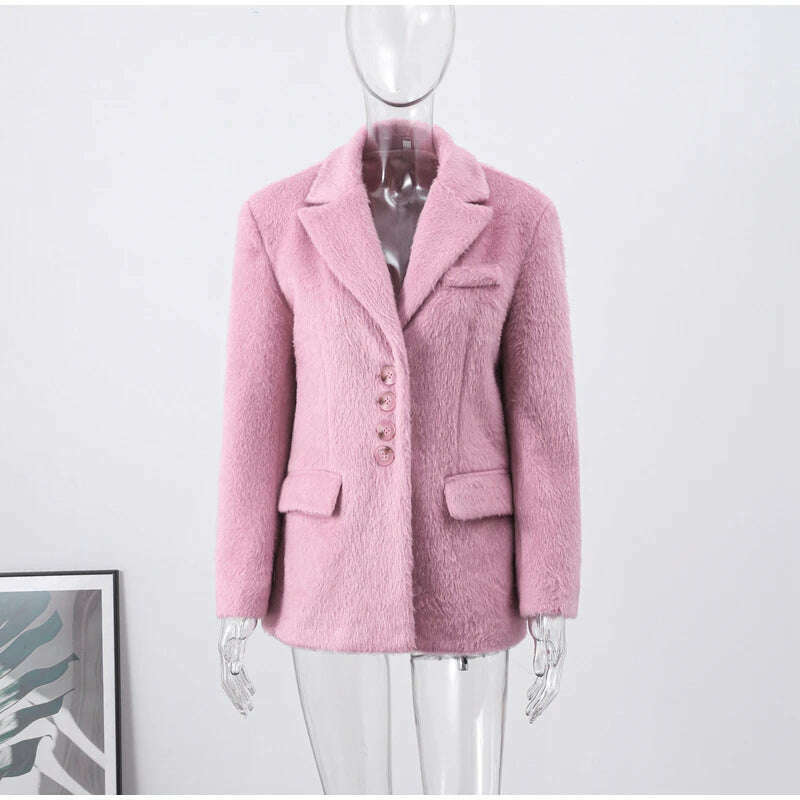 KIMLUD, Pink Lapel Woolen Plush Coats Women Elegant Long Sleeve Button Office Lady Blazer Jacket 2023 Winter Fashion Packet Loose Coat, KIMLUD Womens Clothes