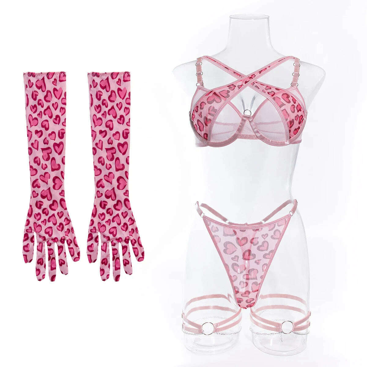 Pink Leopard Lingerie Set with Metal Chain Valentine's Gift for Her with Gloves Exotic Sets Chain Sexy Garter G-string Kit - KIMLUD